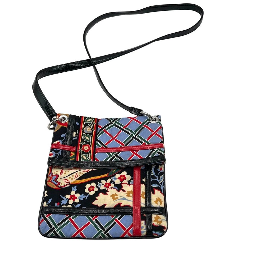 Vera Bradley Geometric Floral Print Crossbody Bag With Red Trim And Black‎